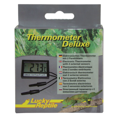 Unser beliebtestes Thermometer. Dieses elektronische Thermometer hat zwei Fernfühler und kann so die Temperaturmessung an zwei Punkten im Terrarium messen.